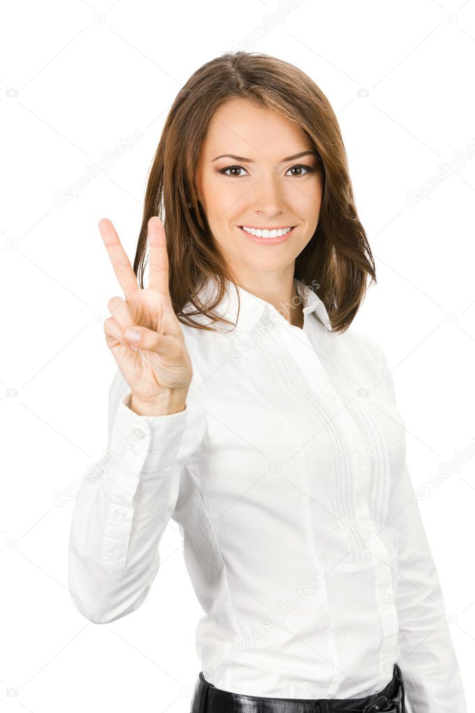 Businesswoman showing two fingers, on white