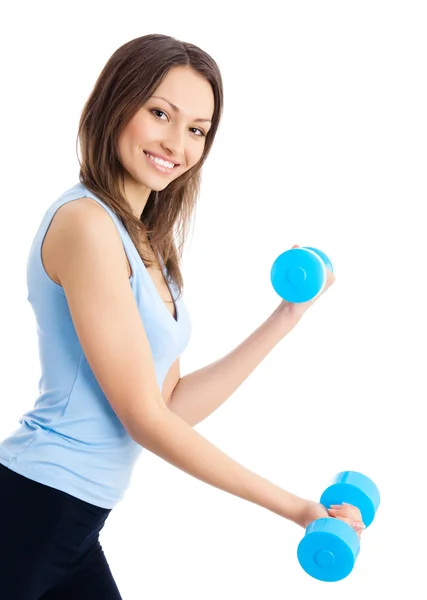 Mujer joven haciendo ejercicio con pesas, aislada — Foto de Stock