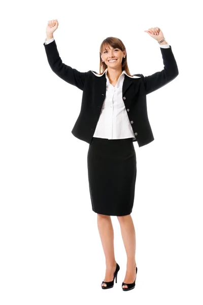 Glücklich gestikulierende Geschäftsfrau, auf weiß — Stockfoto