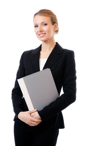 Kobieta z folderu szary, na białym tle — Zdjęcie stockowe