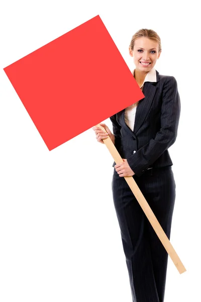 Businesswoman showing signboard, over white Stock Photo