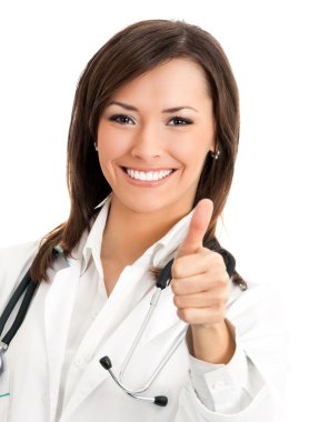 Doctor with thumbs up gesture, over white