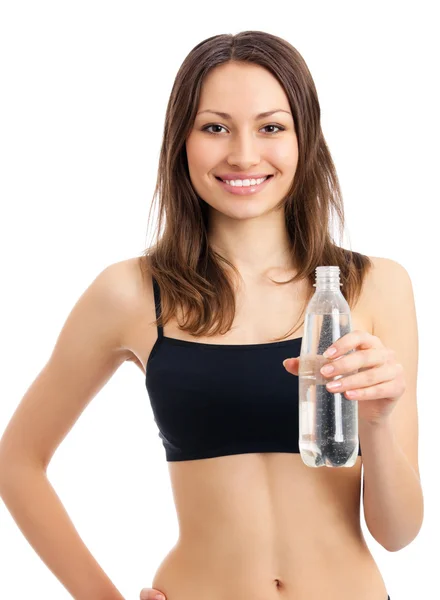Woman in fitness wear with water, isolated — Stock Photo, Image