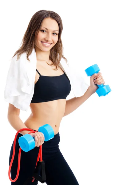 Woman with dumbbell, ball and expander, on white — Stockfoto