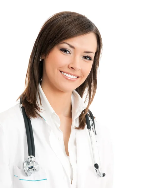 Felice sorridente medico femminile, sopra bianco — Foto Stock