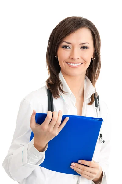 Szczęśliwy uśmiechający się lekarz z folderu, nad białym — Zdjęcie stockowe