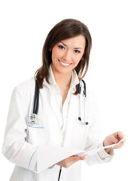Női orvos dokumentumokkal, mosolyogva felett fehér — Stock Fotó