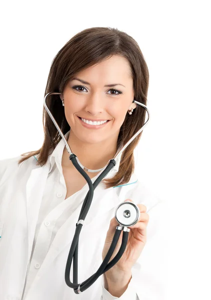 Uśmiechający się lekarz z stetoskop, nad białym — Zdjęcie stockowe