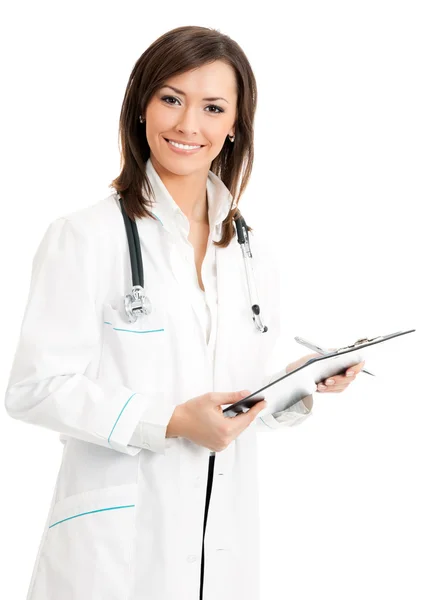 Happy smiling female doctor with clipboard, isolated Royalty Free Stock Photos
