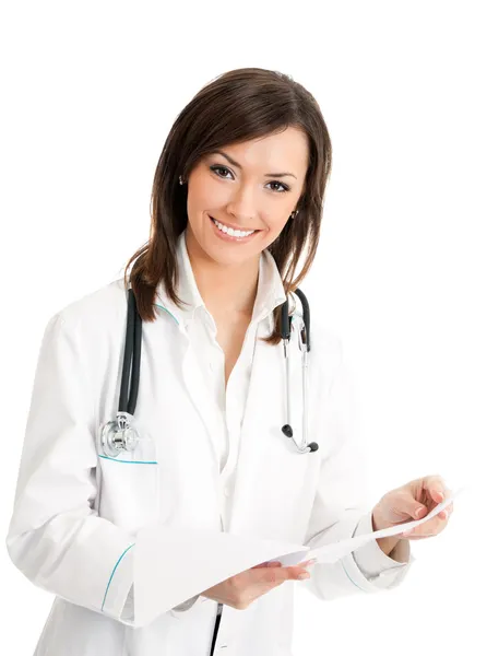 Smiling female doctor with documents, over white Stock Image