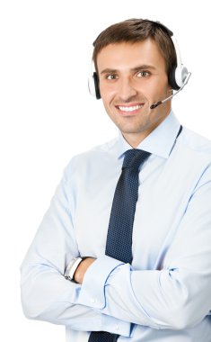 Phone operator in headset, isolated clipart