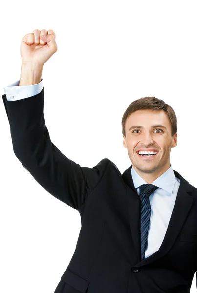 Happy successful gesturing businessman, on white — Stock Photo, Image