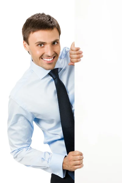 Businessman showing signboard, on white — Stock Photo, Image