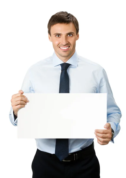 Бізнесмен, що показує вивіску, на білому — стокове фото