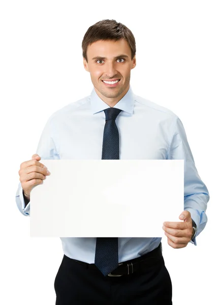 stock image Businessman showing signboard, on white