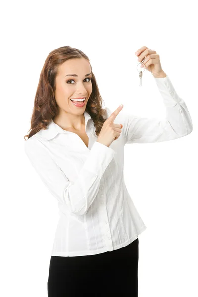 Mulher de negócios ou agente imobiliário mostrando chaves de casa nova, isolado — Fotografia de Stock