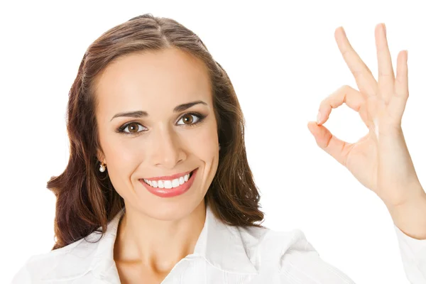 Podnikání žena s dobře gesto, na bílém pozadí — Stock fotografie
