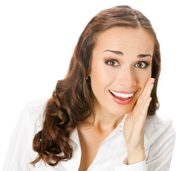 Biznes kobieta obejmujące usta, na białym tle — Zdjęcie stockowe
