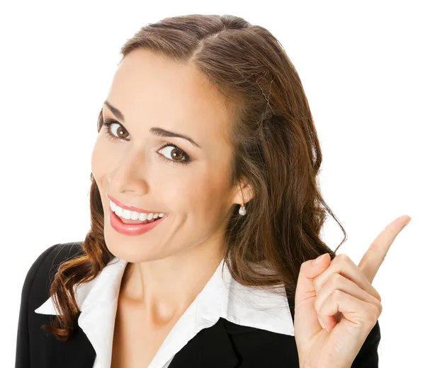 Happy smiling young business woman showing — Stock Photo, Image