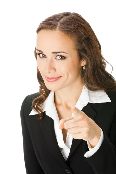 Mujer de negocios señalando con el dedo al espectador, en blanco — Foto de Stock