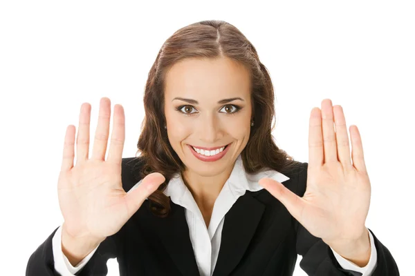 Businesswoman with stop gesture, on white Stock Photo