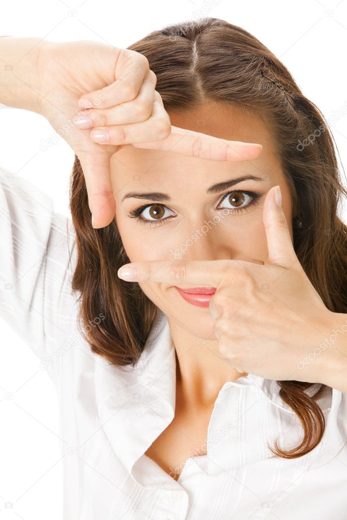 Businesswoman framing her face with hands, isolated