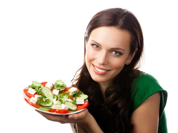 Jonge vrouw met salade, op wit — Stockfoto