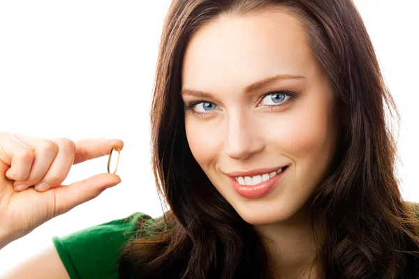 Woman with Omega 3 fish oil capsule, on white — Stock Photo, Image