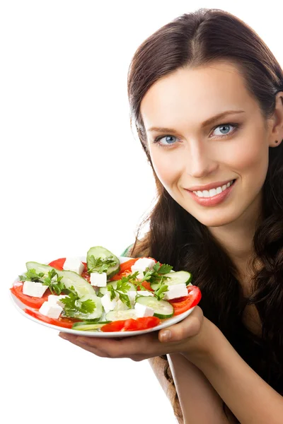 Young woman with salad, on white Stock Picture