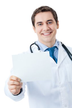 Doctor with signboard, isolated clipart