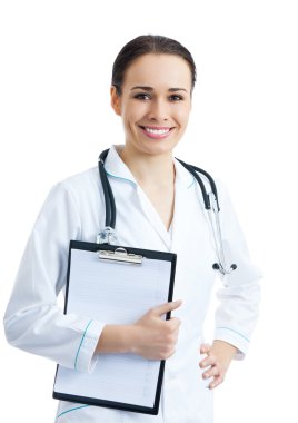 Doctor or nurse with clipboard, on white clipart