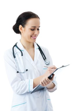 Doctor writing on clipboard, on white clipart