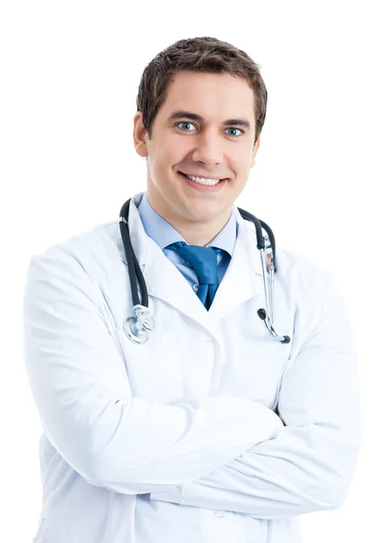 Szczęśliwy uśmiechający się lekarz, na białym tle — Zdjęcie stockowe