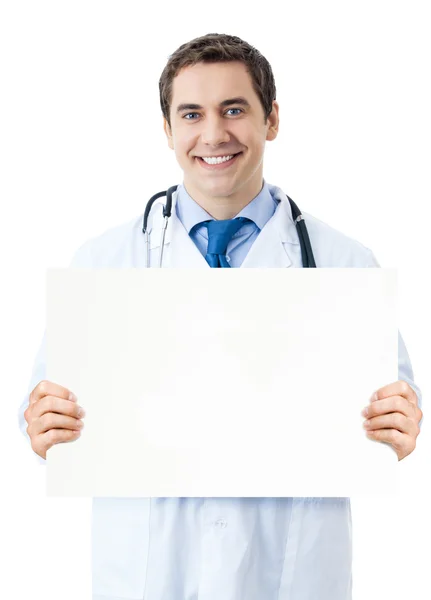 Médico feliz com seringa, isolado sobre fundo branco — Fotografia de Stock