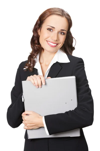 Kobieta z folderu szary, na białym tle — Zdjęcie stockowe