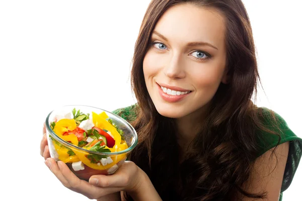 Jonge vrouw met salade, op wit — Stockfoto