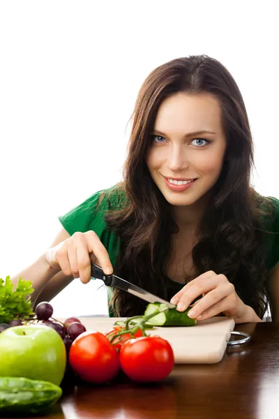 Mulher com comida vegetariana, isolada — Fotografia de Stock
