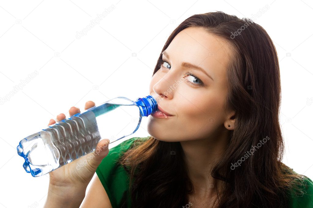 Woman drinking water, on white