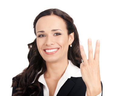 Businesswoman showing three fingers, on white clipart