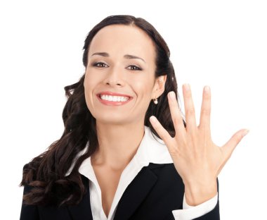 Businesswoman showing five fingers, on white clipart