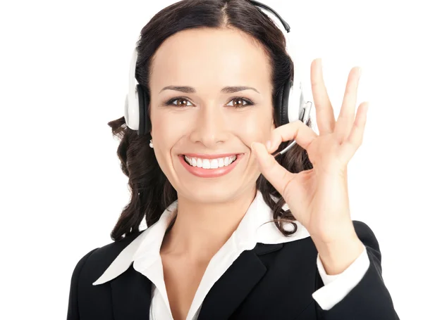 Support-Bediener mit Okay-Geste, auf weiß — Stockfoto