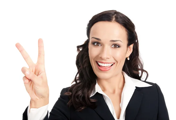 Femme d'affaires montrant deux doigts, sur blanc — Photo