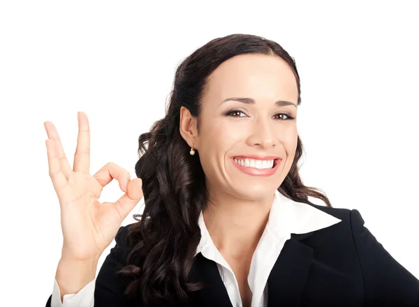 Zakenvrouw met oke gebaar, op wit — Stockfoto