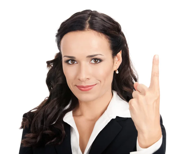 Femme d'affaires montrant un doigt, sur blanc — Photo