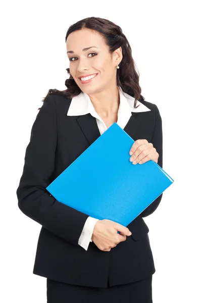 Geschäftsfrau mit blauem Ordner, isoliert Stockbild