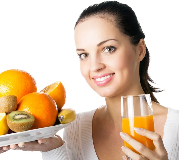 Vrouw met vruchten en sinaasappelsap, geïsoleerd — Stockfoto