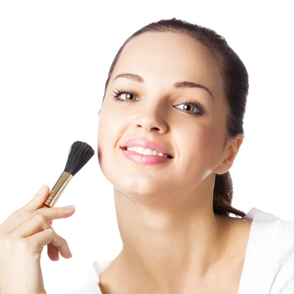 Mulher com escova de cosméticos, isolada — Fotografia de Stock