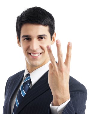 Businessman showing three fingers, isolated clipart