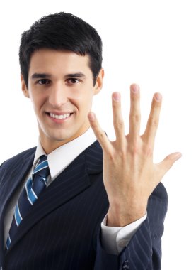 Businessman showing five fingers, isolated clipart