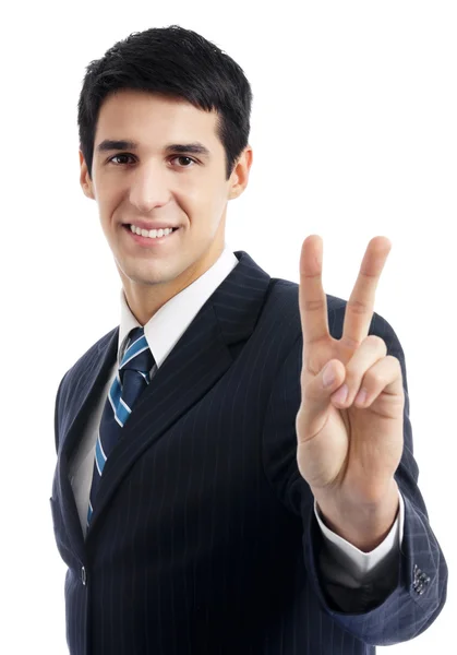 Biznesmen pokazano dwa palce lub znak zwycięstwo — Zdjęcie stockowe